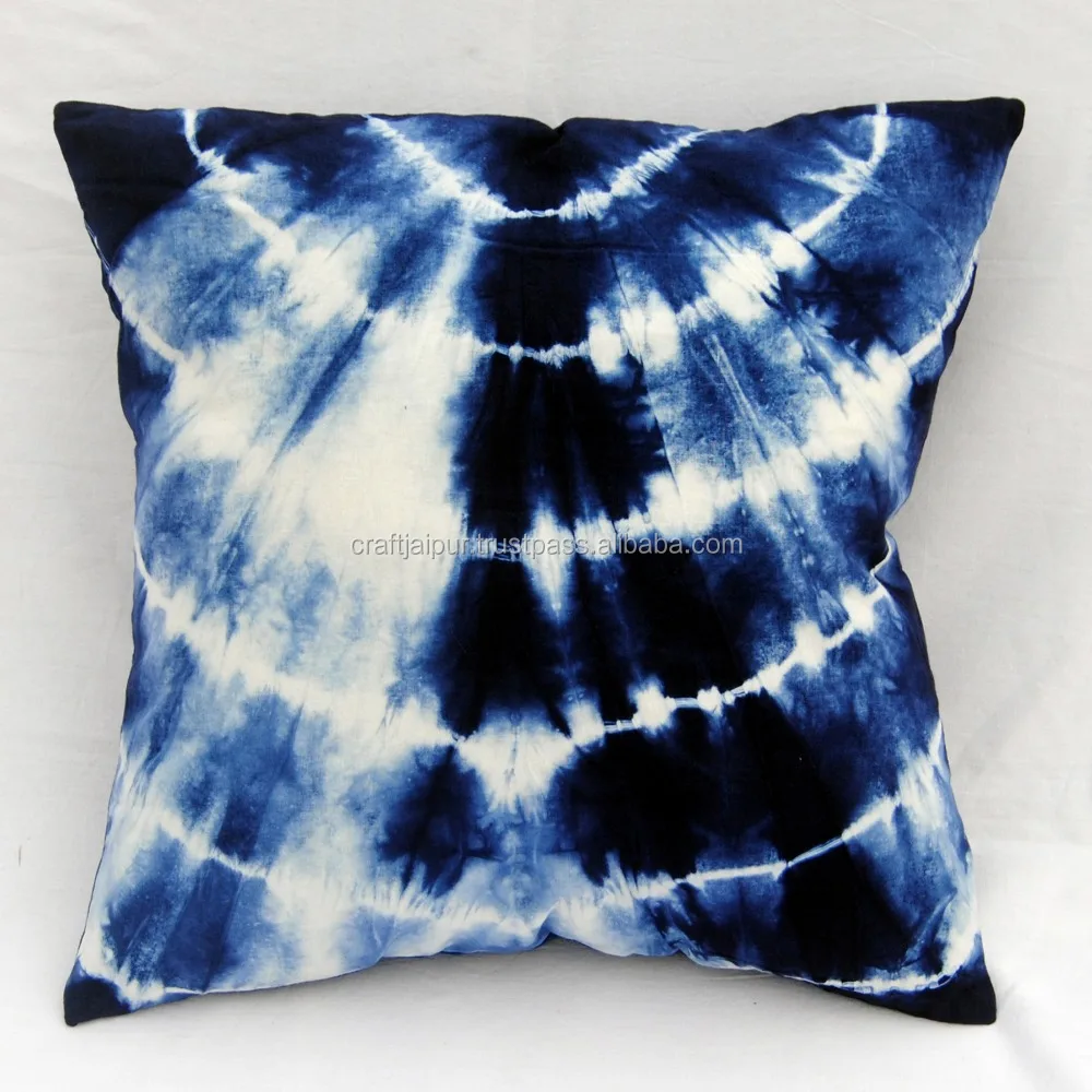 INDIAN INDIGO BLUE TIE DYE KANTHA WORK THROW CUSHION PILLOW CASE COVER DECOR ART