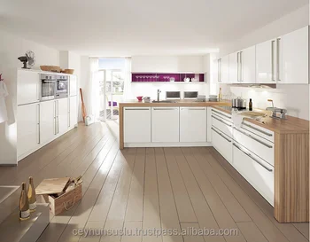 Kitchen Cabinet With High Gloss Pvc Door And Wooden Countertop