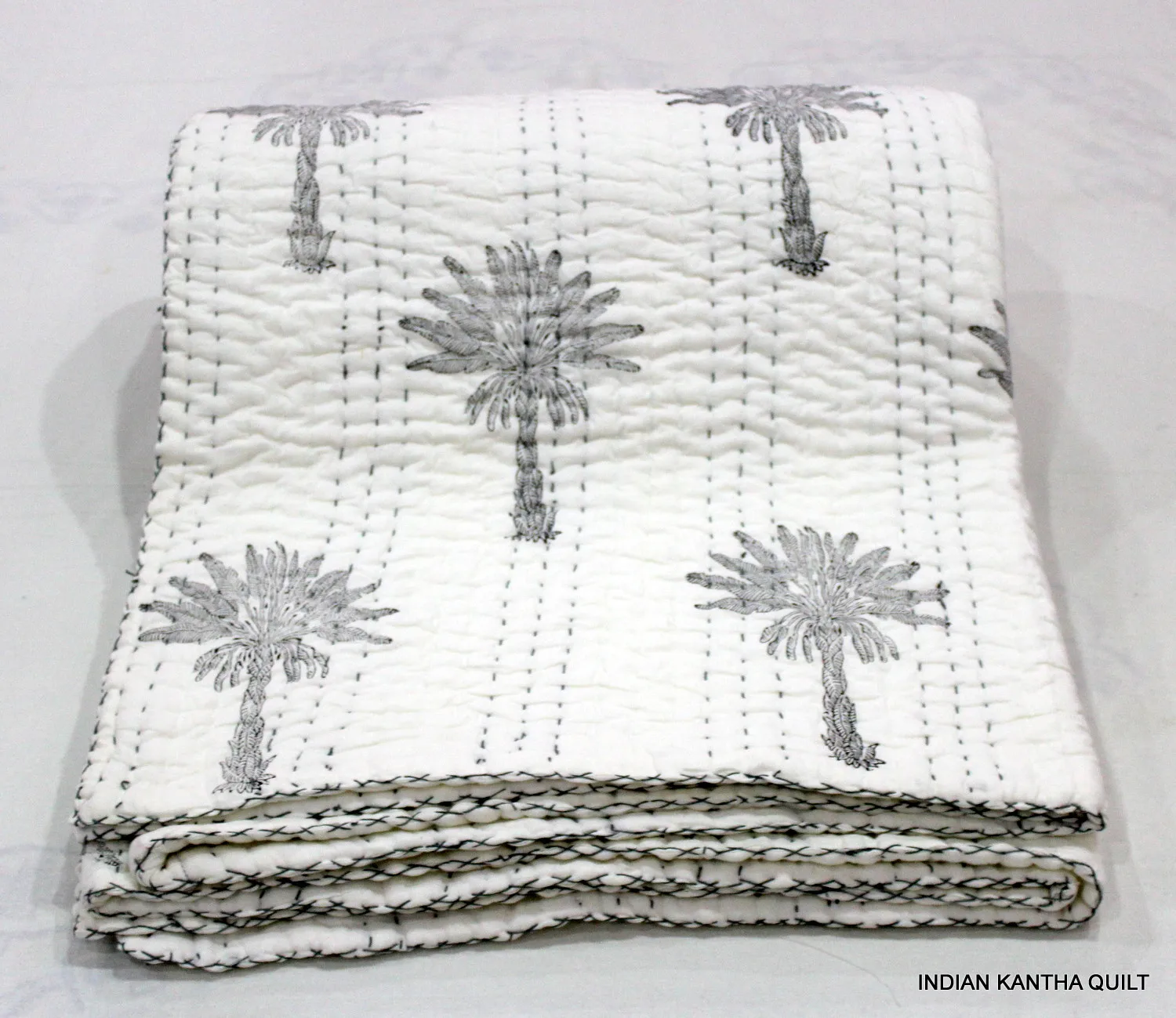 Source Hand Block Palm Tree Kantha Quilt Printed 100% Cotton Quilt