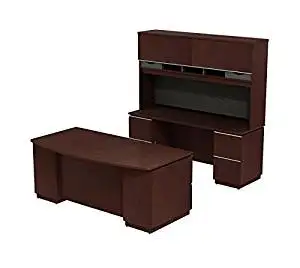 Bush Executive Desk, Hutch & Credenza 72"W X 102"D X 73"H Bundle Includes: 72"W X 36"D Bowfront Double Ped Desk (F/F) (B/B/F) W/72"W Credenza (F/F)(F/F) & Hutch - Harvest Cherry