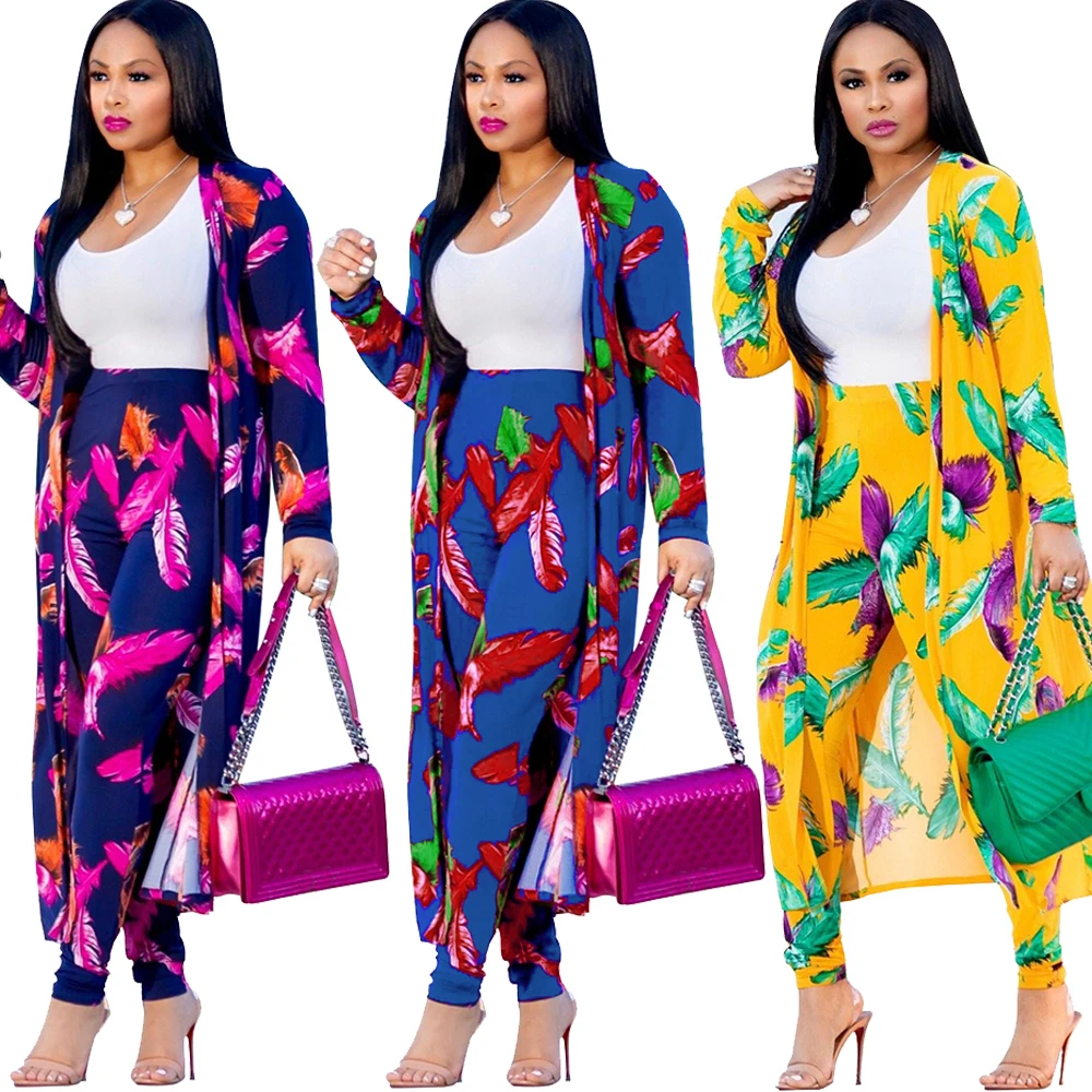 

Fashionable three piece set women clothing sexy feather print long-sleeve trousers 3 pieces suits A8278, Blue;yellow;dark blue