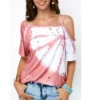 OEM Short Sleeve Cold Shoulder T Shirt Polyester Spandex T-Shirt Tie Dyed Hole Casual Pink Tee