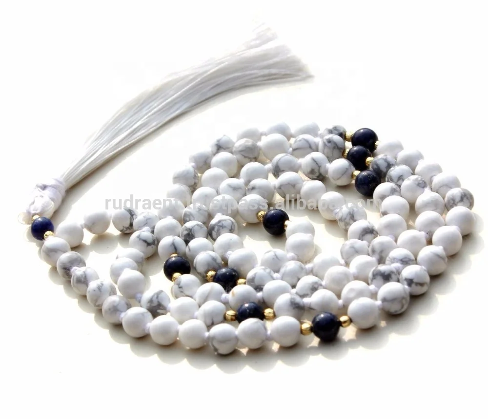 High Quality Handcrafted Gemstone Prayer Beads Boho Tassel Mala Necklace with Howlite round Beads Unisex Men's Mala Beads