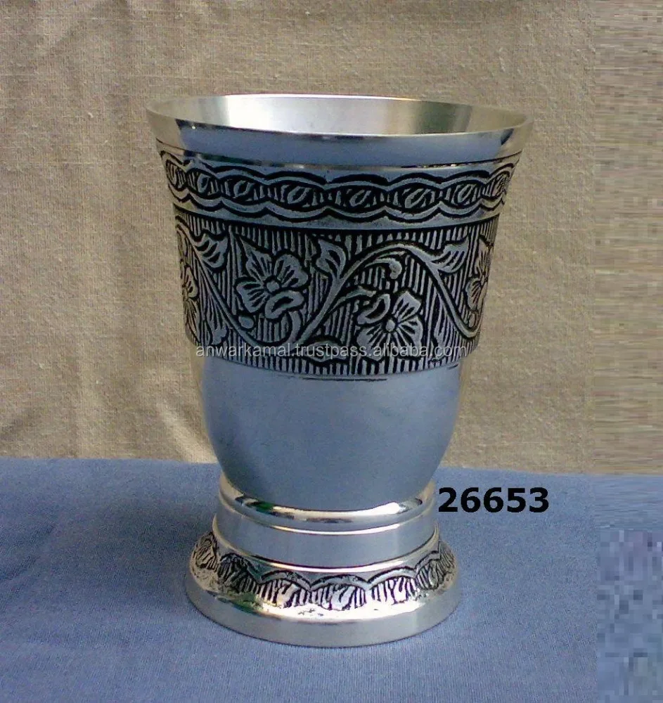 
Hand Made Brass Tumbler Holder With Silver Antique Finish Hand Carved 