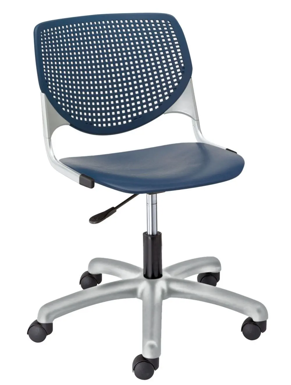 Kool Polypropylene Perforated Back Task Chair Navy Polypropylene/Silver Frame Dimensions: 19.3"W x 22"D x 35"H Seat Dimensions: 18"Wx18"Dx18"H Back Dimensions: 19"Wx13.5"H Weight: 27 lbs