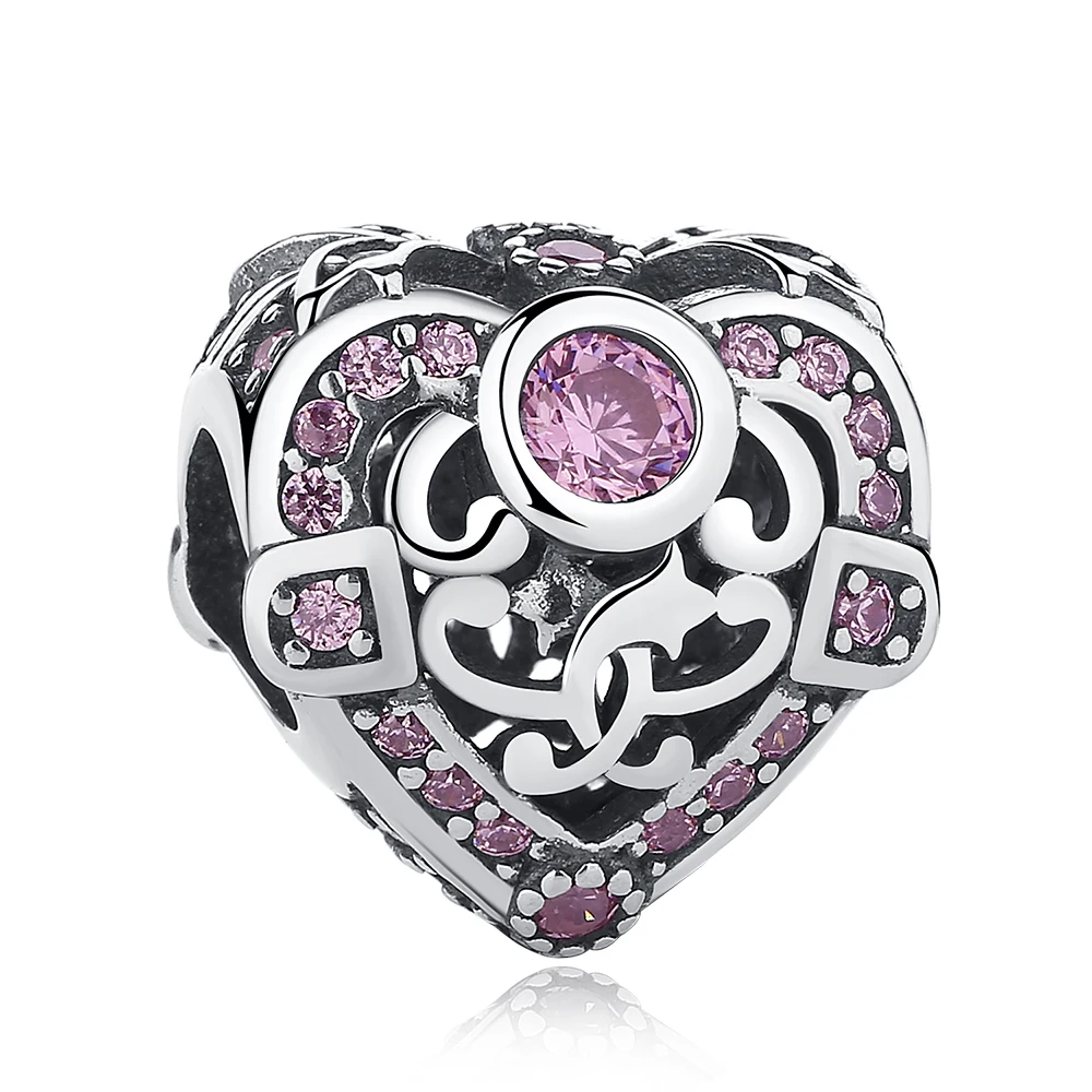 

High Quality 925 Sterling Silver Charm Opulent Heart Charm Beads with Pink Zircon Fit Original Bracelet DIY Jewelry