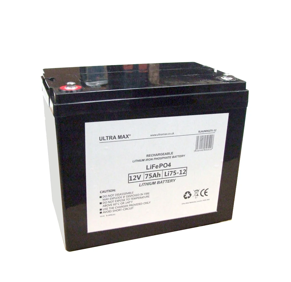 ULTRA MAX Li75-12, 12 v 75Ah Lithium-ijzerfosfaat, LiFePO4 Hoge Capaciteit Diepe Cyclus Batterij, lader Inbegrepen
