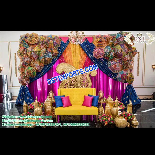 Arabian Mehndi Decoration With Umbrellas Wedding Sangeet Stage