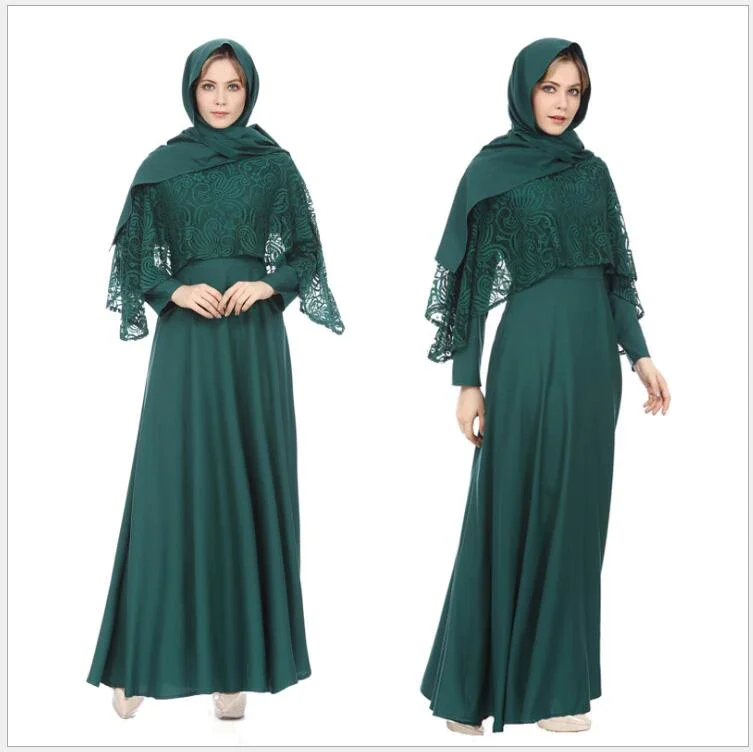 

2019 Fashion Women Muslim Abaya Patchwork Lace Muslim Dress green red dress women clothing kaftan Ropa Islamica