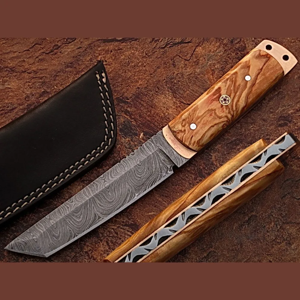 custom handmade damascus steel 10" tanto flip knife with wood
