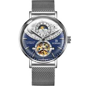 China wristwatches factory sale luxury mens stainless steel tourbillon automatic moon-phase men watch