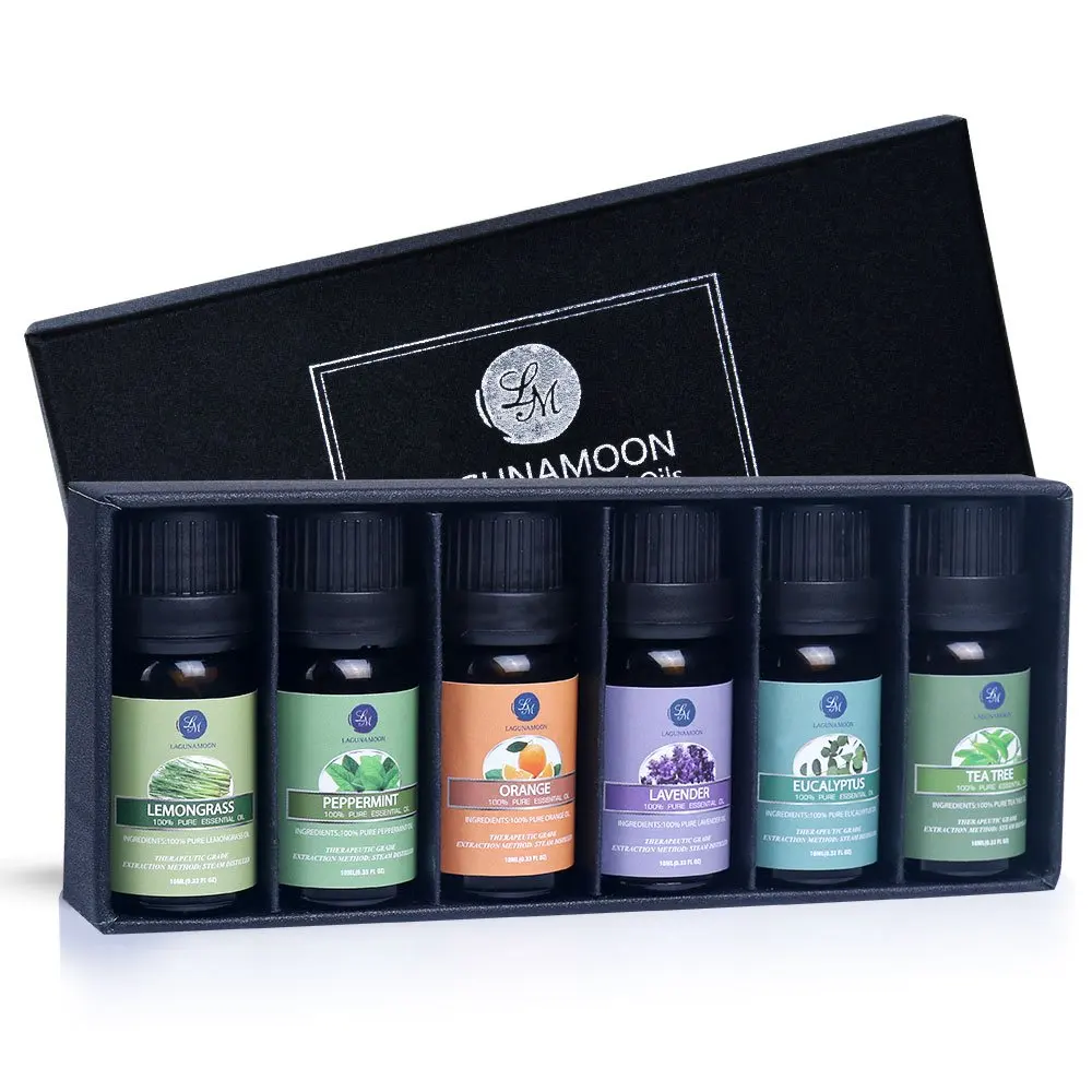 Lagunamoon Essential Oils Gift Set,Top 6 Aromatherapy Oils Orange Lavender Tea Tree Peppermint Eucalyptus Lemongrass