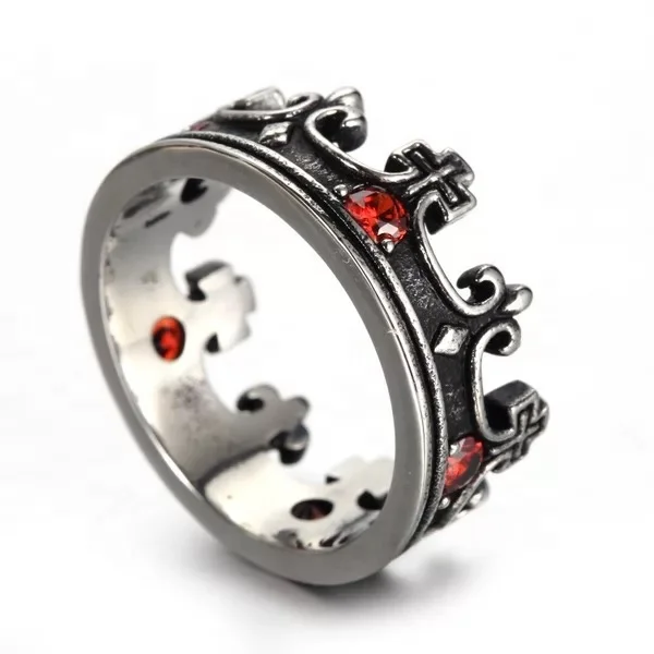 

Wholesale Vintage jewely ruby crown ring goth men's titanium steel ring men punk casting rings custom