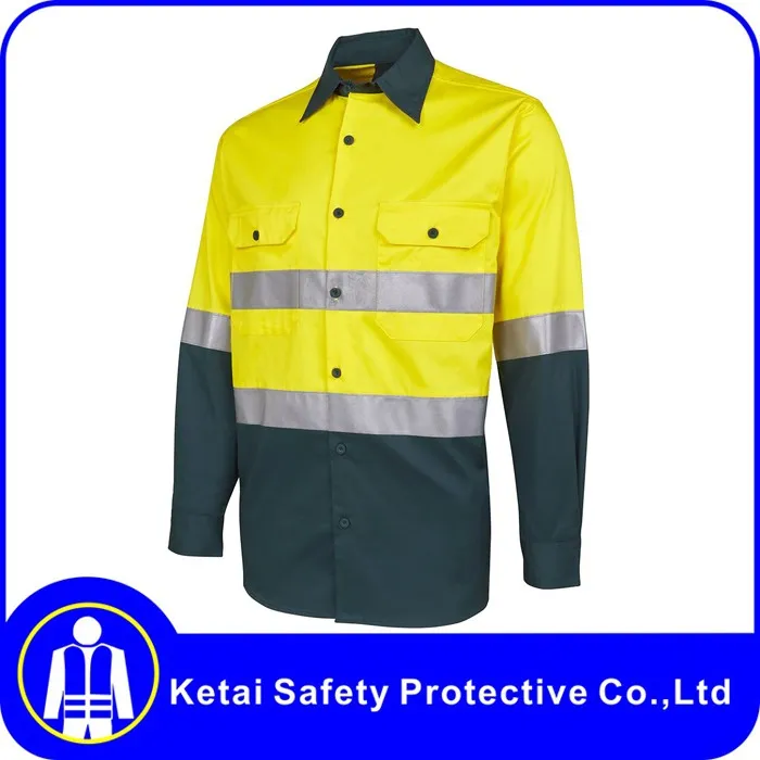 Mens High Visibility Fluorescent Yellow Reflective Two Tone Work Shirt