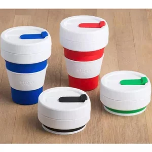 Image of 355ml Collapsible Cup Silicone Travel Mug Reusable Leak Proof Lid 12 oz Blue