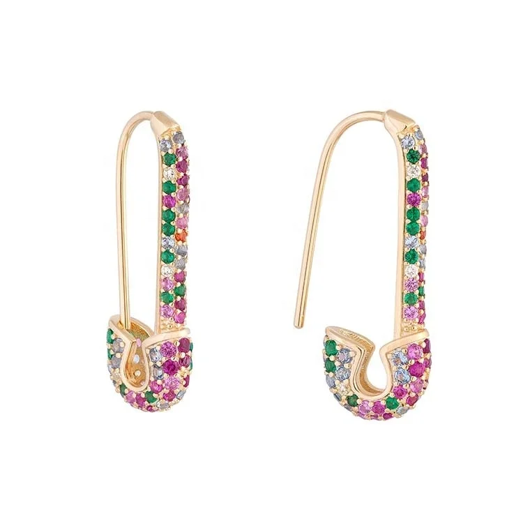 

LOZRUNVE Factory Custom Cubic Zirconia Safety Pin Earring Rainbow Earring 925