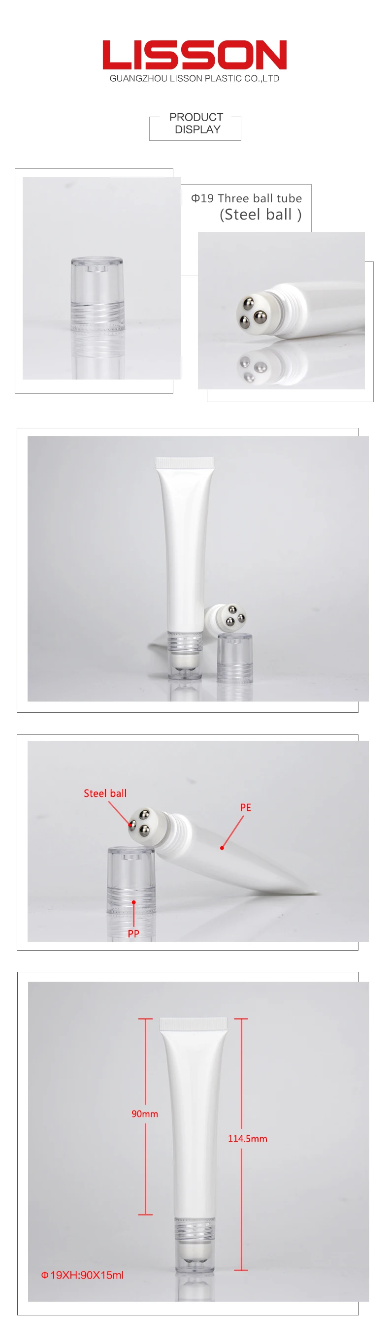 Factory price 15ml plastic cosmetic massage tube for eye cream essence with 3 triple roller ball applicator