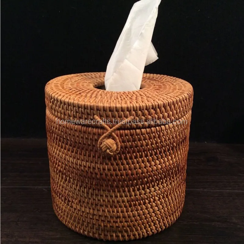 Unique Kitchen Accessories Round Rattan Tissue Box / Toilet Paper