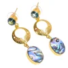 Unique Beauty Oval And Round Shape Australian Abalone Shell Blue Topaz Quart Gemstone Brass Earrings, Gold Plated Brass Jewelry