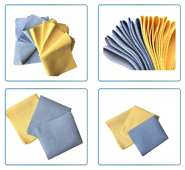 Blue/yellow needle punched pu coated leather chamois fabric with hole