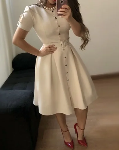 

Wholesale fashion elegant women one piece simple short sleeve midi dresses