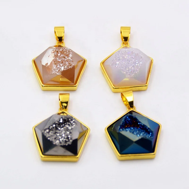 

Geometric Agate Druzy Geode pendant multi color pentagon drusy stone charms drusy jewelry High Quality pendant