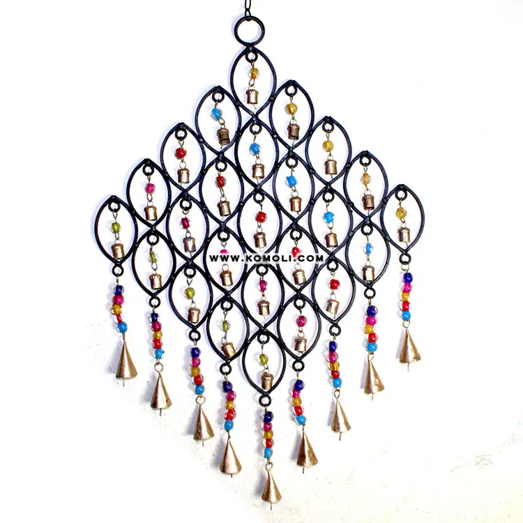 Dew drops wrought iron craft outdoor garden ornament wind chimes India with small rustic bells