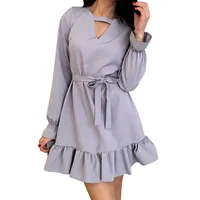 

Women's Floral System Band Long Sleeve High Waist V-neck Solid Color MINI Dress Elegant Solid Ladies Dresses ropa mujer