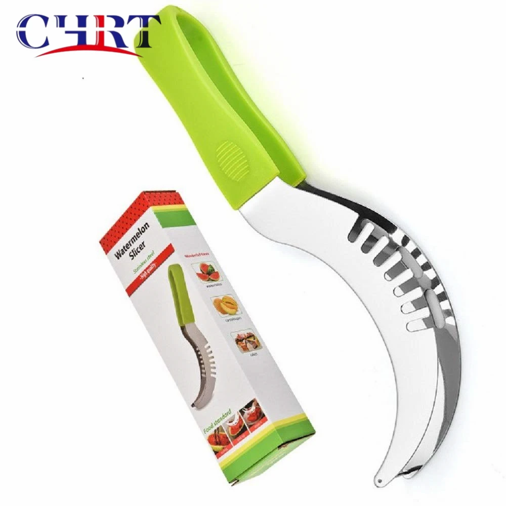 

Chrt Hot Selling Kitchen Multifunction Melon Food Grade 304 Stainless Steel Slicer Watermelon Cutter with Plastic handle, Silver + green plastic handle