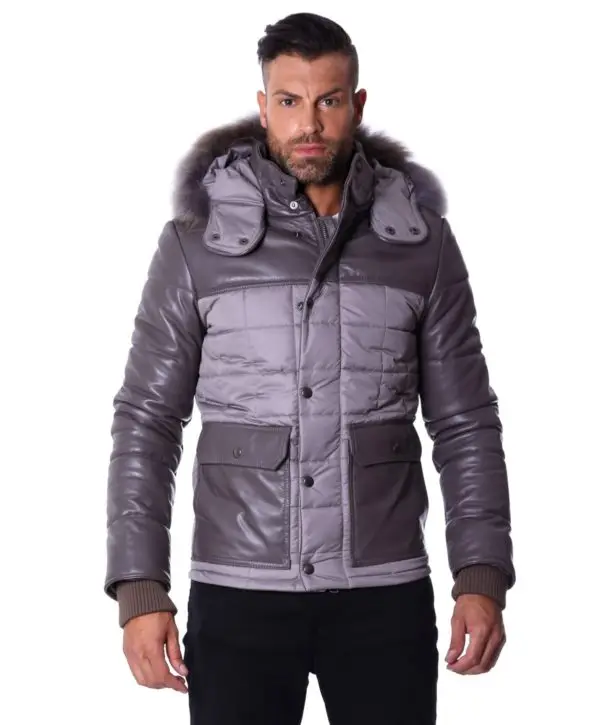 
U503 Grey Leather Fabric Down Hooded Jacket 