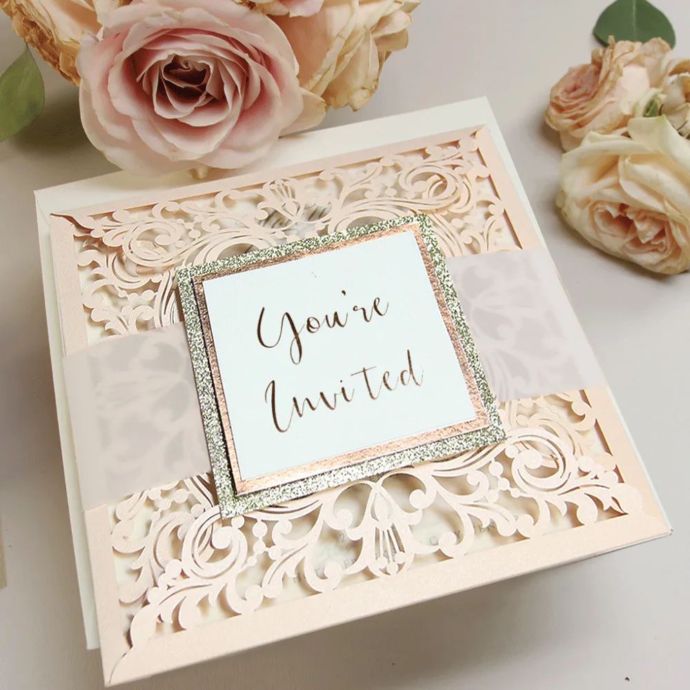 Laser Cut Invitations Belly Band Light Peach Glitter Pocket Folder