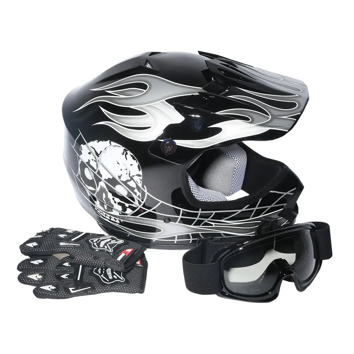 tcmt dot helmet for kids & youth skull with goggles & gloves for atv mx motocross offroad street dirt bike