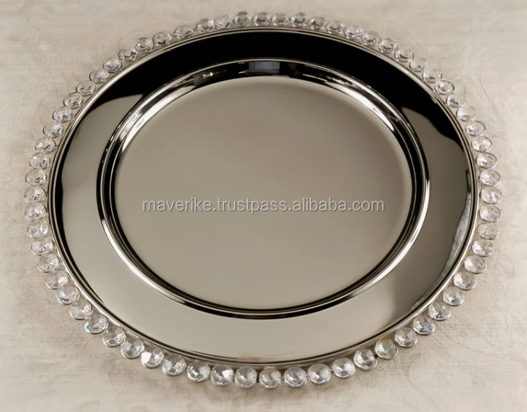 
Modern Silver Crystal Beaded Border Charger Plate For Events 