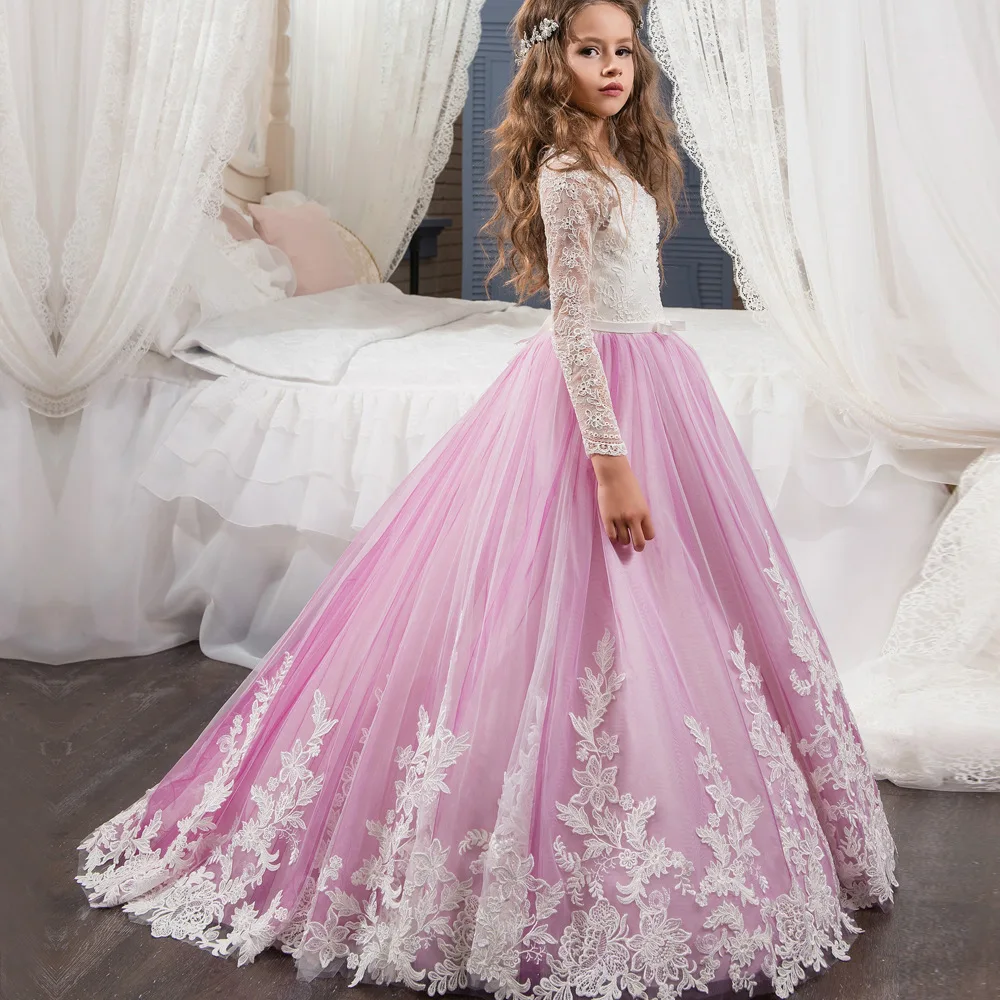

Long Sleeve Lace Embroidery Floral children wedding dress girls, As the pic