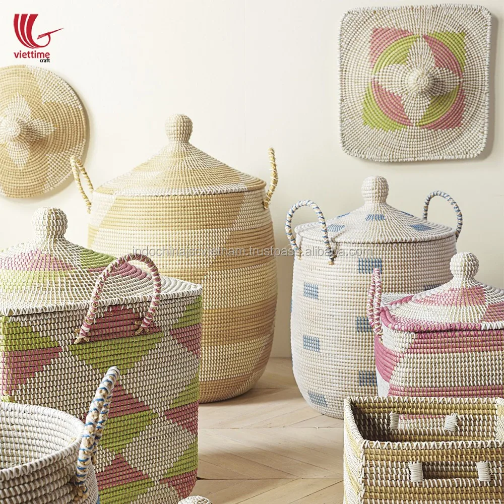 Large Seagrass Storage Basket With Lids/seagrass Basket With Plastic String Weaving Buy