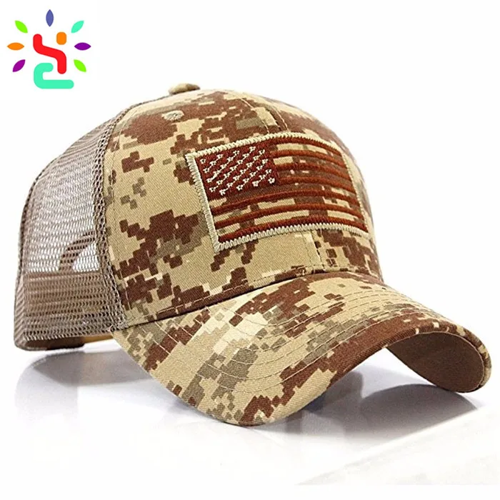 Camo Trucker Hat American Flag Hat 6 Panel Mesh Baseball Cap Embroidery