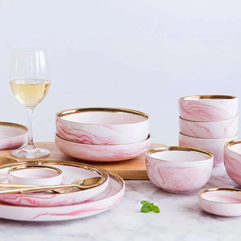 Hotel Coffee Restaurant Catering Porcelain Catering Plates  Golden Plate Wedding Pink Marble Dinner Plate%