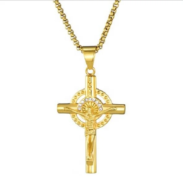 Length 60cm High Quality Stainless Steel Gold Filled Jesus Cross Pendant Necklace