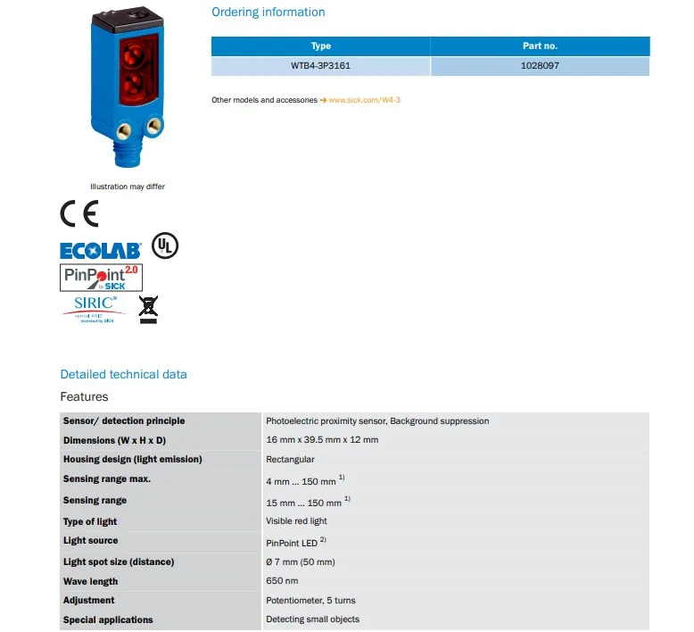 Sick Photoelectric Sensor WTB4-3P3161 Miniature Photoelectric Sensor Sensing Rang 15 mm to 150 mm PNP Cbl w/M8