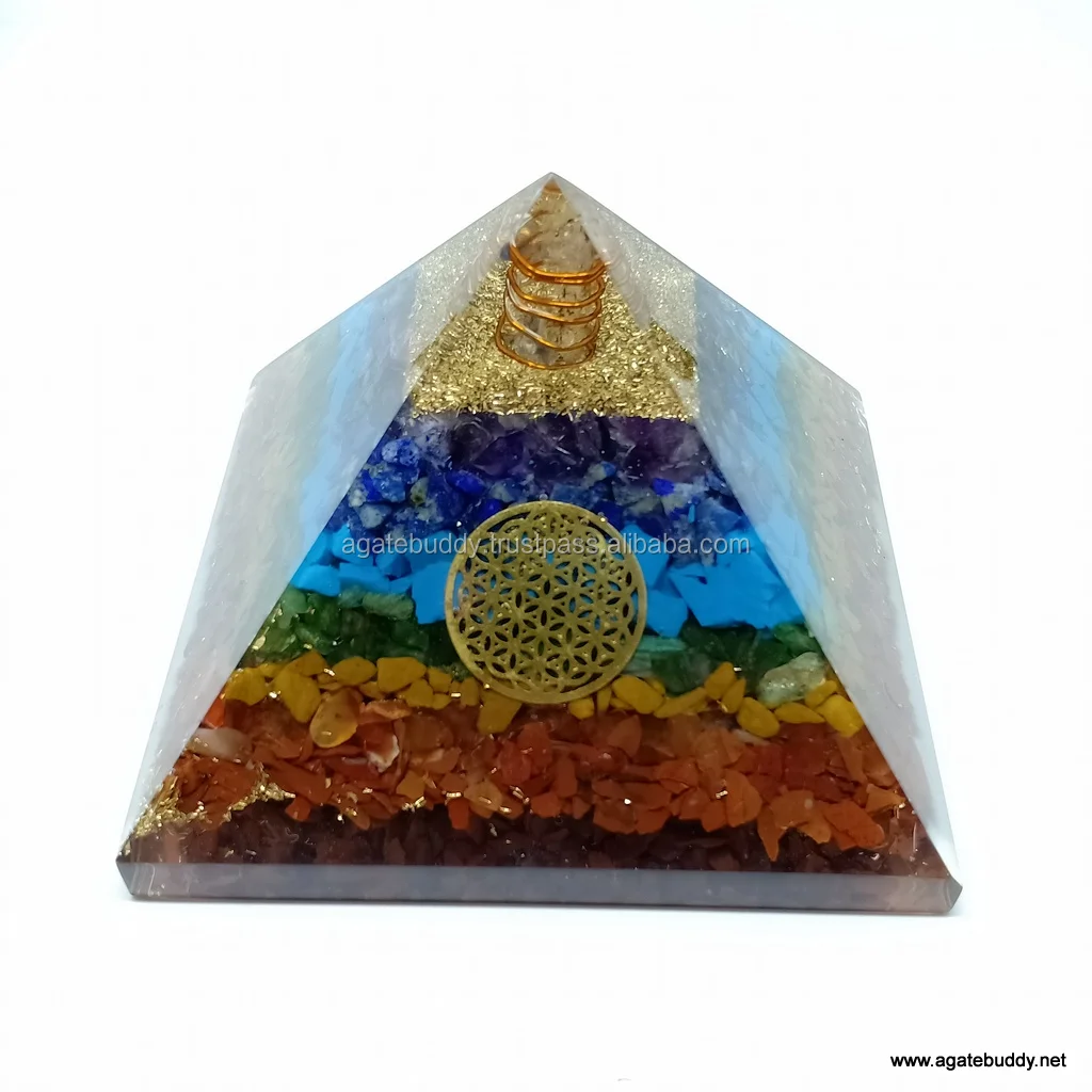 Seven Chakra Orgonite Pyramid with Flower of Life Disc / Orgone Pyramid