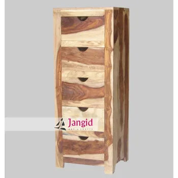 Wooden Natural Sheesham Wood Narrow Chest Of Drawers With 5