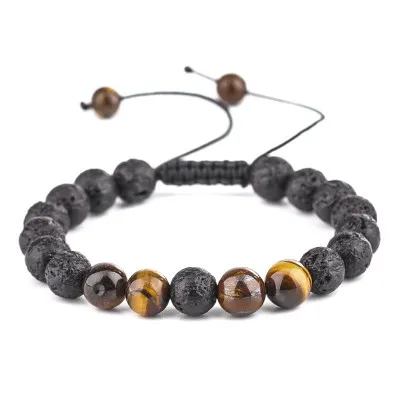 

New popular unisex 8mm natrual volcanic stone tiger eye beaded bracelet unisex energy yoga beads gemstone adjustable bracelet, Gray& brown as the picture