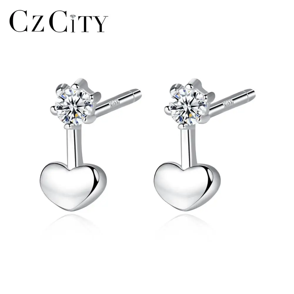 CZCITY Luxury Heart Shape Stud Earrings Lovely CZ Diamond Women Sterling Silver 925 Earring for Girl Jewelry