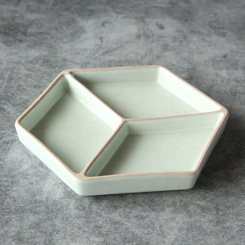 

chaozhou factory cheap price 3 divided compartment blue green color china ceramic plate dishes