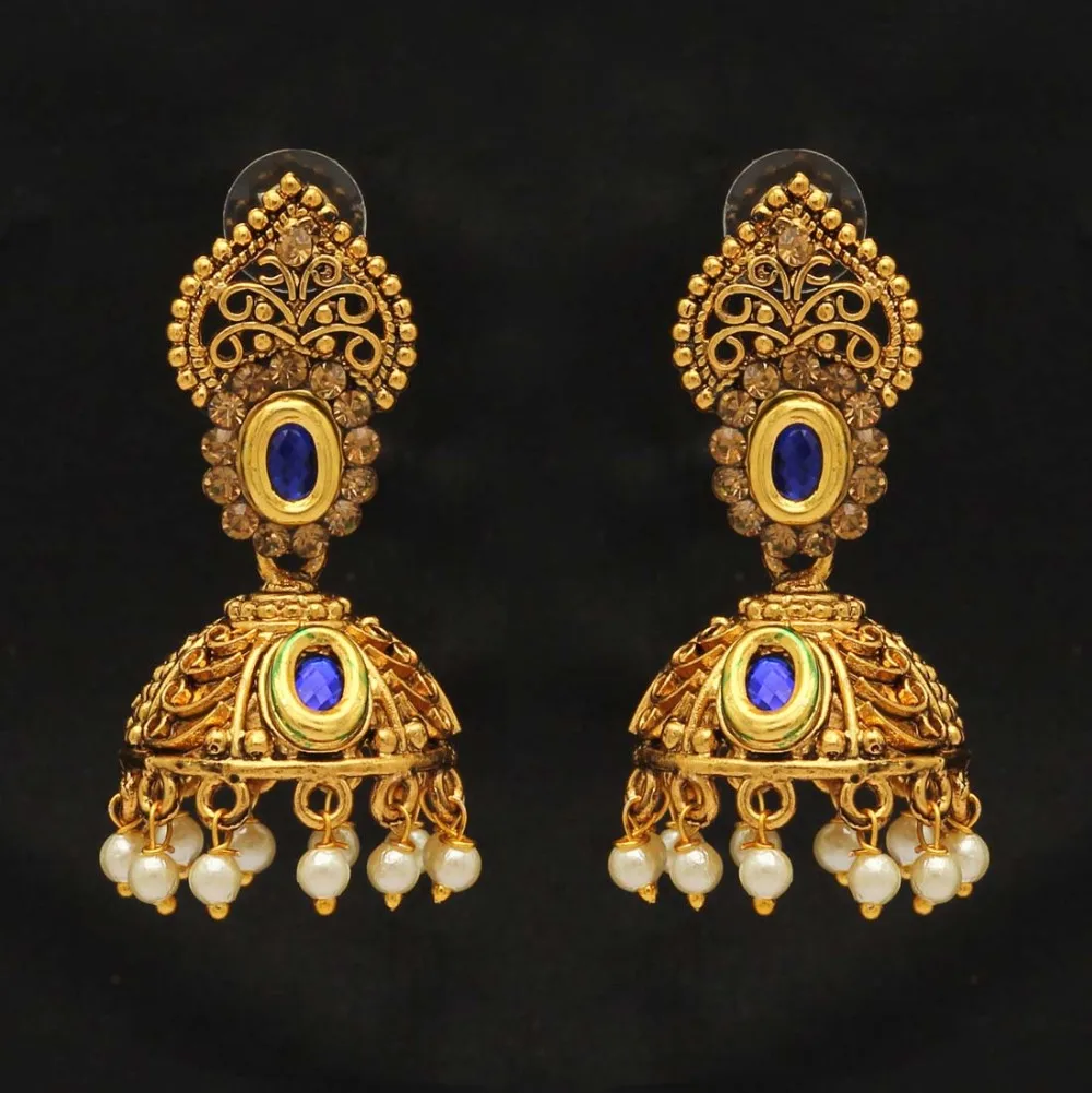 印度珠宝制造商蓝色水钻古董耳环为妇女和女孩