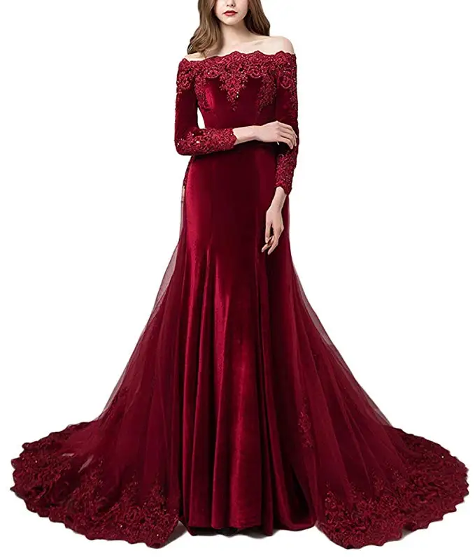 ZH1205X Vintage Long Sleeves Velvet Evening Gown Off The Shoulder Wedding Dress with Detachable Train