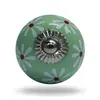 Modern Light Green Round Ceramic Door Knob - White Flower Print Decorative Knob
