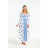 Contrasting Blue White Paisley Embroidery Fringe Lace Butterfly Sleeve Ideal Pool Party Relaxing Caftan Dress Hot Beach Cover-Up