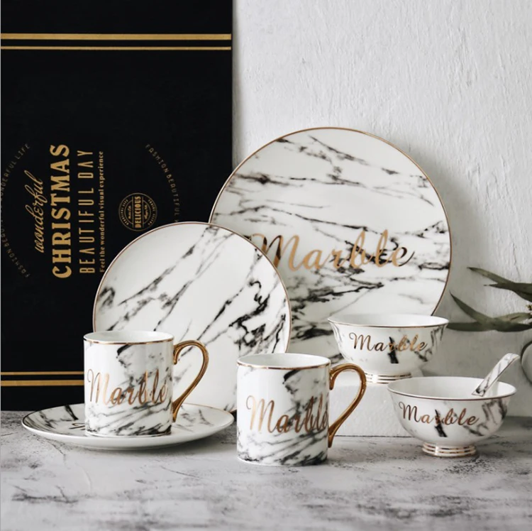 

Creative Nordic marble gilt steak disk home dessert salad breakfast ceramic plate