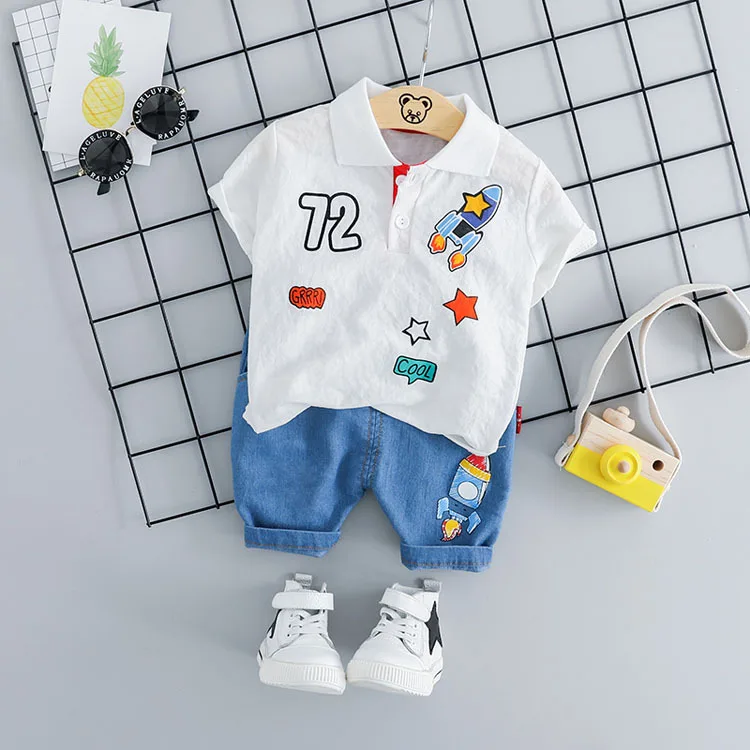 

2019 Hot Sell Children Clothing Summer Baby Boys Collar Short Sleeve T-shirt Leisure Jeans Two-piece Outfit, As picture